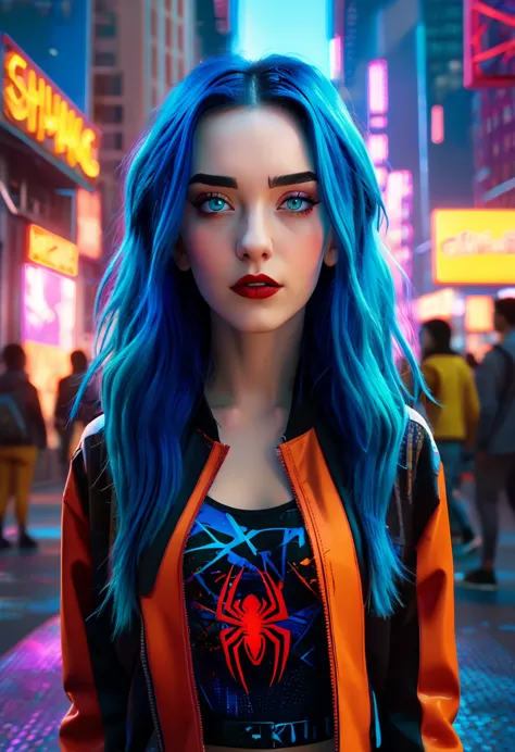 (masterpiece, 8k, uhd, high resolution: 1.4), jinx in the spider-verse style, (long, vibrant blue hair: 1.3), (bright and expres...