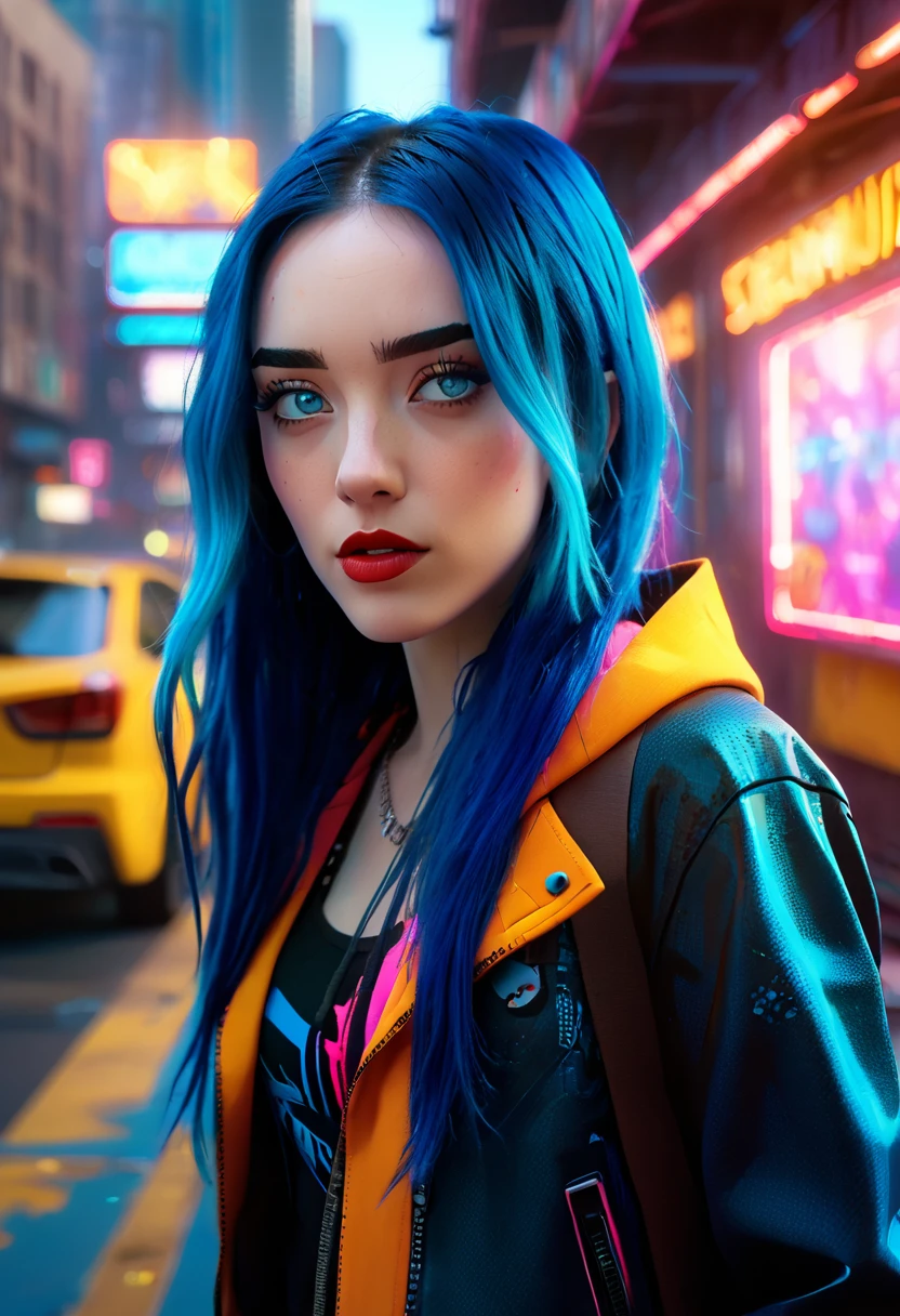 (Masterpiece, 8K, UHD, high resolution: 1.4), Jinx in the Spider-Verse style, (long, vibrant blue hair: 1.3), (bright and expressive eyes: 1.2), (stylized punk outfit with technological elements: 1.2), (dynamic and energetic pose: 1.2), (background with a futuristic and neon city: 1.1), (cartoon effects and layered graphics: 1.3), (vibrant and electrifying atmosphere: 1.3), intricate and stylized details, (elements of fantasy and action: 1.2), (dynamic and captivating perspective: 1.3)