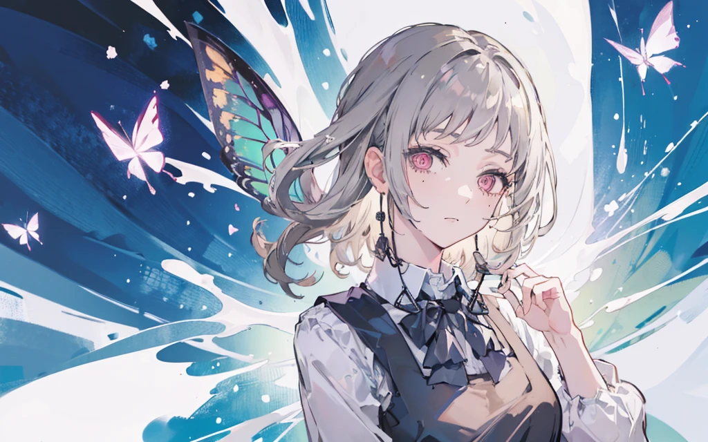 (masterpiece, top quality, best quality,official art, beautiful and aesthetic:1.2),(1girl:1.3), gray hair, butterflys