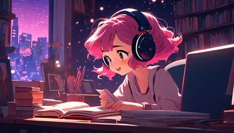 Lofi music anime illustration, girl from the side, her face is totally defined, Girl studying in the room, with headphones, pink...