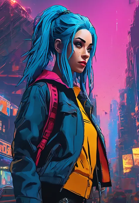 (masterpiece, 8k, uhd, high resolution: 1.4), jinx in the spider-verse style, (long, vibrant blue hair: 1.3), (bright and expres...