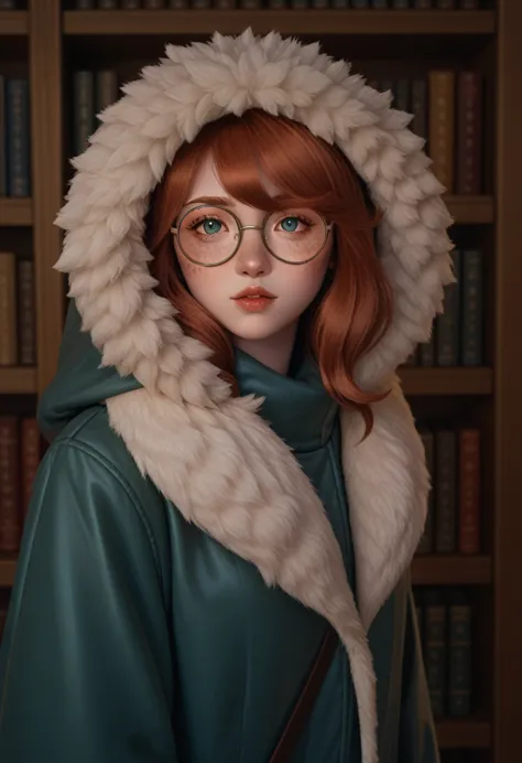 check_9, check_8_up, check_7_up, polar lights (league of legends), 1 girl, freckles, bang, hair, green raincoat, fur trim, hood ...