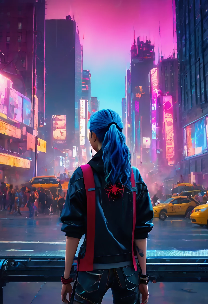 (Masterpiece, 8K, UHD, high resolution: 1.4), Jinx in the Spider-Verse style, (long, vibrant blue hair: 1.3), (bright and expressive eyes: 1.2), (stylized punk outfit with technological elements: 1.2), (dynamic and energetic pose: 1.2), (background with a futuristic and neon city: 1.1), (cartoon effects and layered graphics: 1.3), (vibrant and electrifying atmosphere: 1.3), intricate and stylized details, (elements of fantasy and action: 1.2), (dynamic and captivating perspective: 1.3)