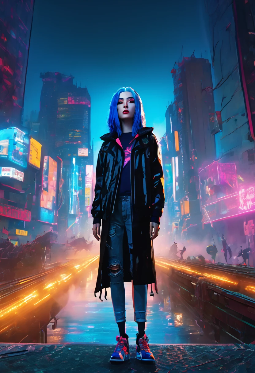 (Masterpiece, 8K, UHD, high resolution: 1.4), Jinx in the Spider-Verse style, (long, vibrant blue hair: 1.3), (bright and expressive eyes: 1.2), (stylized punk outfit with technological elements: 1.2), (dynamic and energetic pose: 1.2), (background with a futuristic and neon city: 1.1), (cartoon effects and layered graphics: 1.3), (vibrant and electrifying atmosphere: 1.3), intricate and stylized details, (elements of fantasy and action: 1.2), (dynamic and captivating perspective: 1.3)