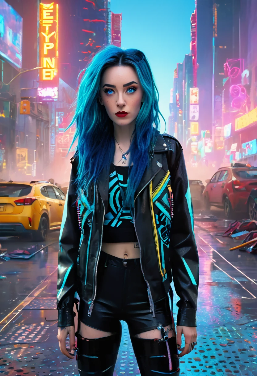 (Masterpiece, 8K, UHD, high resolution: 1.4), Jinx in the Spider-Verse style, (long, vibrant blue hair: 1.3), (bright and expressive eyes: 1.2), (stylized punk outfit with technological elements: 1.2), (dynamic and energetic pose: 1.2), (background with a futuristic and neon city: 1.1), (cartoon effects and layered graphics: 1.3), (vibrant and electrifying atmosphere: 1.3), intricate and stylized details, (elements of fantasy and action: 1.2), (dynamic and captivating perspective: 1.3)