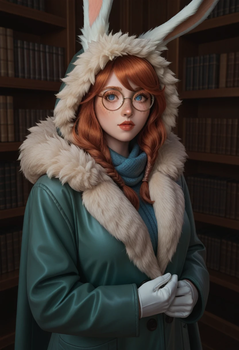 check_9, check_8_up, check_7_up, Polar Lights (League of Legends), 1 girl, freckles, bang, Hair, green raincoat, fur trim, hood up, the library, round glasses, opaque glasses, White gloves, bunny ears, naked, big breasts, hips