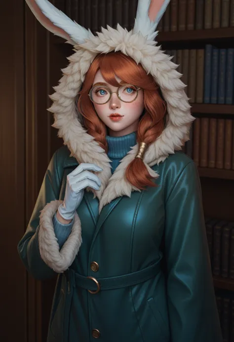 check_9, check_8_up, check_7_up, polar lights (league of legends), 1 girl, freckles, bang, hair, green raincoat, fur trim, hood ...