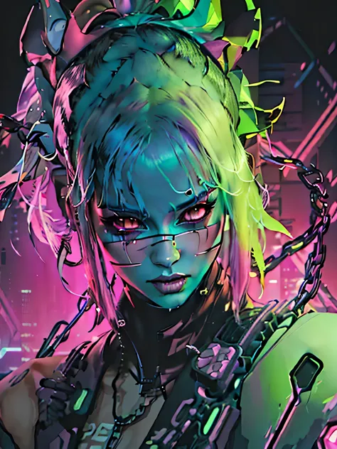 a close up of a woman with neon hair and chains, cyberpunk art style, rossdraws cartoon vibrant, dark neon punk, neon and dark, ...