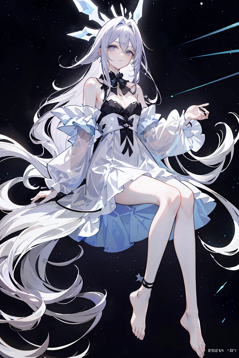 Light purple gradient hair,Asymmetrical hair,（（Thick hair 1.8，Clear head outline 1.6））， Shoulder-length hair, Messy hair, Very long hair, Shiny hair，(Long gray hair:1.2),Boys，（Luxury Platinum Mini Lolita，Made of transparent material），（Transparent clothes transparent 1.8），Perfect body，High，Slender，(Looks sad，Looks haggard、Looks haggard、Pale nipples ，Grief，shut your mouth：1.2） Against the background of an unusually bright dark starry sky，stand up（Put your hands behind you），，barefoot，float，water surface，（Long Law，Long Law，Long Law，Complete），full-body shot