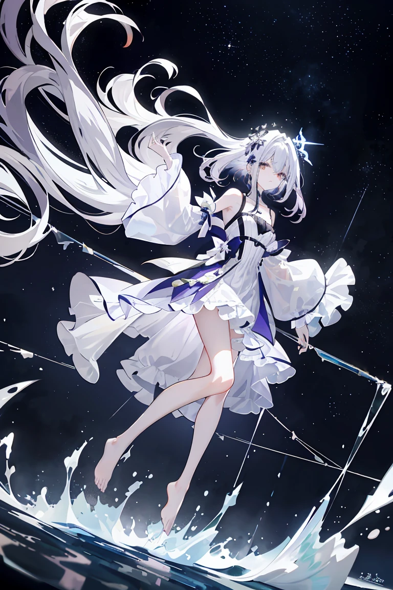 Light purple gradient hair,Asymmetrical hair,（（Thick hair 1.8，Clear head outline 1.6））， Shoulder-length hair, Messy hair, Very long hair, Shiny hair，(Long gray hair:1.2),Boys，（Luxury Platinum Mini Lolita，Made of transparent material），（Transparent clothes transparent 1.8），Perfect body，High，Slender，(Looks sad，Looks haggard、Looks haggard、Pale nipples ，Grief，shut your mouth：1.2） Against the background of an unusually bright dark starry sky，stand up（Put your hands behind you），，barefoot，float，water surface，（Long Law，Long Law，Long Law，Complete），full-body shot