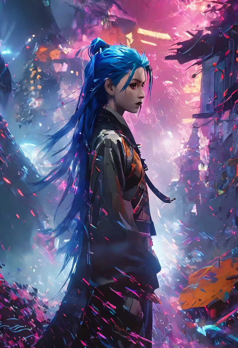 (Masterpiece, 8K, UHD, high resolution: 1.4), Jinx in the Spider-Verse style, (long, vibrant blue hair: 1.3), (bright and expressive eyes: 1.2), (stylized punk outfit with technological elements: 1.2), (dynamic and energetic pose: 1.2), (background with a futuristic and neon city: 1.1), (cartoon effects and layered graphics: 1.3), (vibrant and electrifying atmosphere: 1.3), intricate and stylized details, (elements of fantasy and action: 1.2), (dynamic and captivating perspective: 1.3)