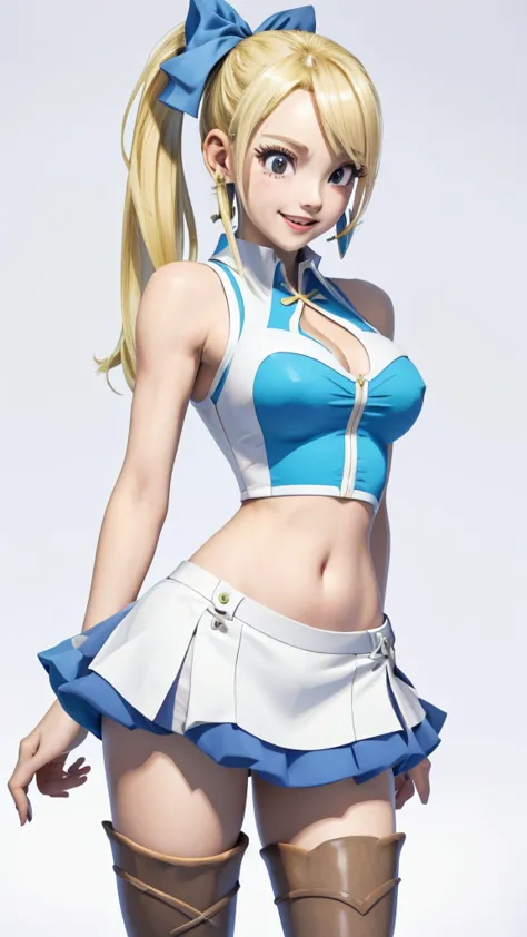 lucy hartphilia,a blond,long hair,side ponytail,blue ribbons,earrings,thigh boots,blue,sleeveless shirts,white skirt,thin leg,s ...