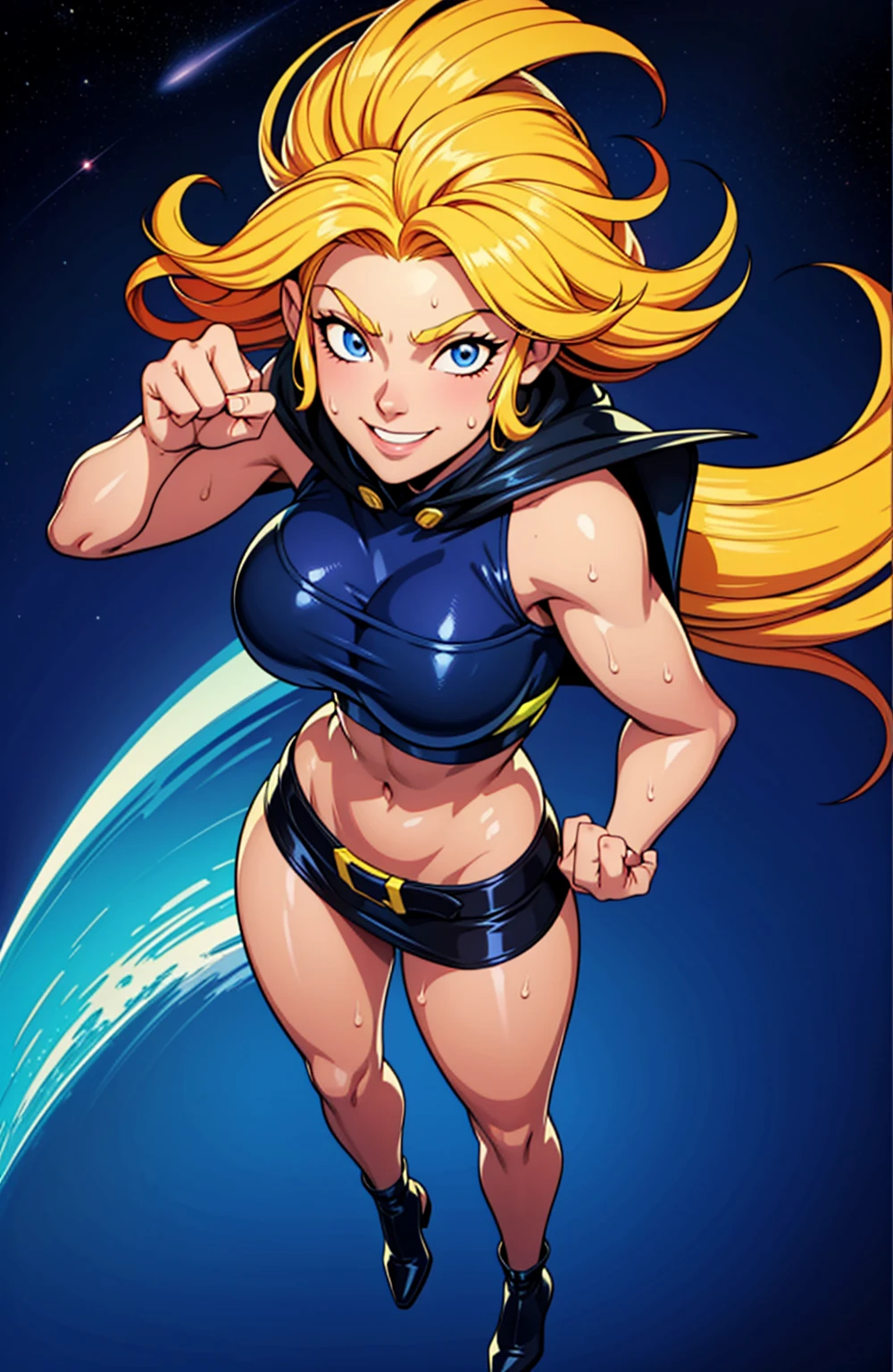 Digital painting of a woman with royal blue and yellow hair, super hero, muscle girl, pose, fist up, ((from above)), 1knee up, Behance Contest Winner, Afrofuturism, Synthwave, neon, glowing neon, sagging massive breasts, mini skirt, cape, sweat, glossy silky skin, smile,  in space, 