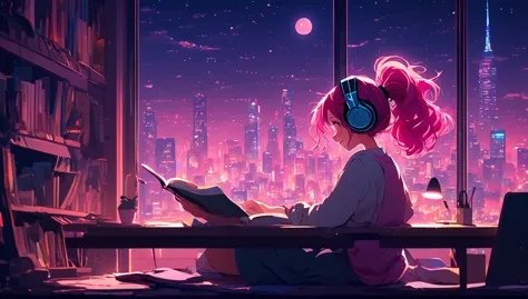 Lofi music anime illustration, girl from the side, her face is totally defined, Girl studying in the room, with headphones, pink...