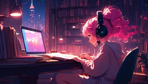 Lofi music anime illustration, girl from the side, her face is totally defined, Girl studying in the room, with headphones, pink...