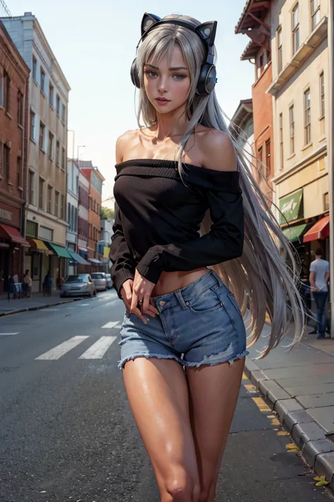 one, shy, standing at attention, clear fair skin, very long straight silver hair with a dark tint, very young girl, beautiful fi...