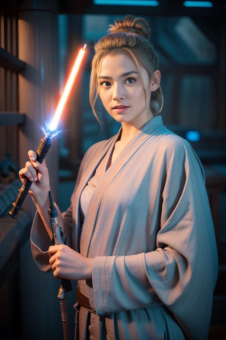 Krieg der Sterne, Jedi Master, Frau, Schönheit, niedliches Gesicht, Hellbraune Haare zu einem Dutt zusammengebunden, Eine Jedi-Robe tragen, Lightsaber in hand, Die Klinge brennt blau, Jedi-Tempel