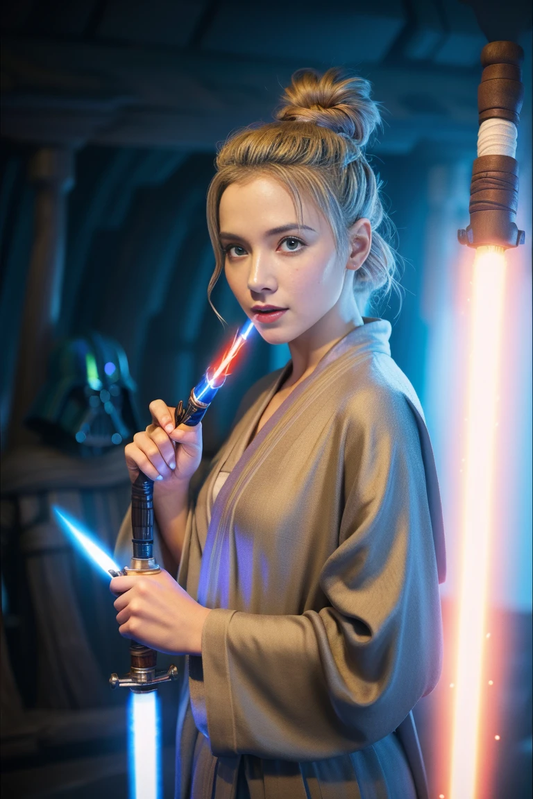 Guerres des étoiles, Maître Jedi, femme, beauté, visage mignon, Cheveux châtain clair attachés en chignon, Porter une robe Jedi, Sabre laser à la main, La lame brûle en bleu, Temple Jedi