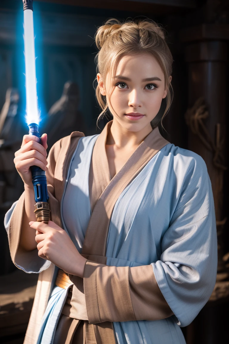 Guerres des étoiles, Maître Jedi, femme, beauté, visage mignon, Cheveux châtain clair attachés en chignon, Porter une robe Jedi, Sabre laser à la main, La lame brûle en bleu, Temple Jedi