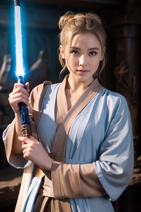 Star Wars, Jedi Master, woman, Beauty, Cute face, Light brown hair tied up in a bun, Wearing a Jedi robe, Lightsaber in hand, Th...