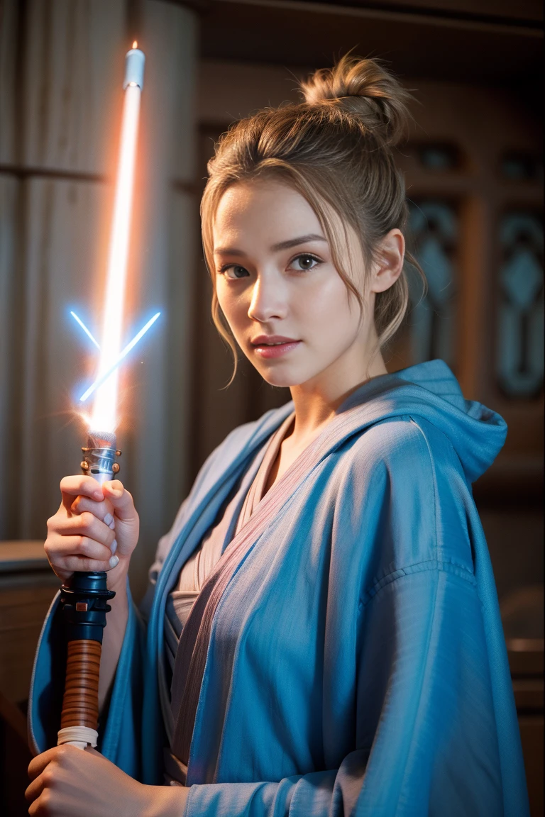 Krieg der Sterne, Jedi Master, Frau, Schönheit, niedliches Gesicht, Hellbraune Haare zu einem Dutt zusammengebunden, Eine Jedi-Robe tragen, Lightsaber in hand, Die Klinge brennt blau, Jedi-Tempel