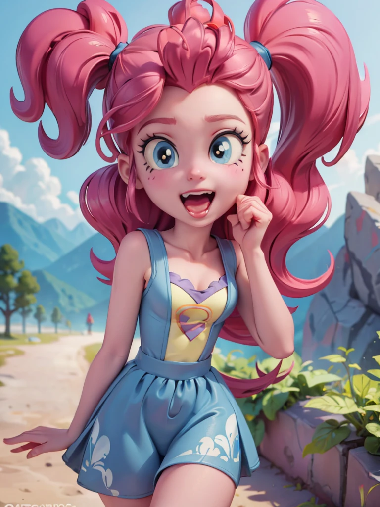 Pinkie Pie, 1 girl, Equestria Girls, magenta hair, long ponytail, blue eyes, pale skin, open mouth, tongue out, horny face, walking, winking, close-up small breasts, sexy pose, say hi,. dirt path, around forest and mountains, (insanely detailed, beautiful detailed face, beautiful detailed eyes, masterpiece, best quality)
