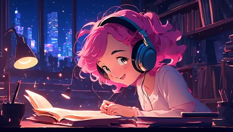 Lofi music anime illustration, girl from the side, her face is totally defined, Girl studying in the room, with headphones, pink...