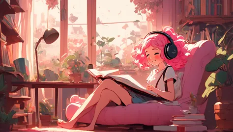Lofi music anime illustration, girl from the side, face is totally defined, Girl studying in the room, with headphones, pink lau...
