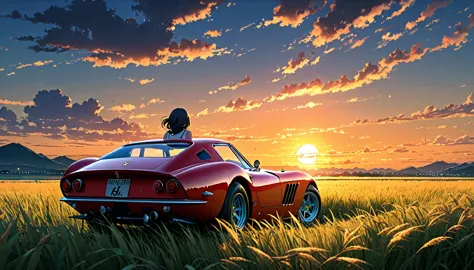 Ferrari 250GTO、Anime scenery of a girl sitting in tall grass with a sunset in the background.Beautiful anime scene, Beautiful an...