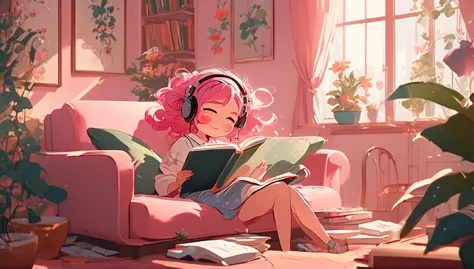 Lofi music anime illustration, girl from the side, face is totally defined, Girl studying in the room, with headphones, pink lau...
