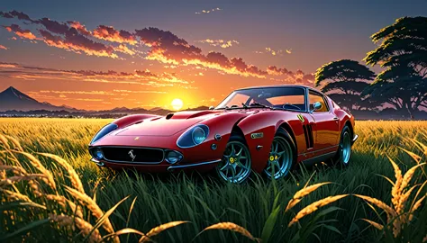 Ferrari 250GTO、Anime scenery of a girl sitting in tall grass with a sunset in the background.Beautiful anime scene, Beautiful an...