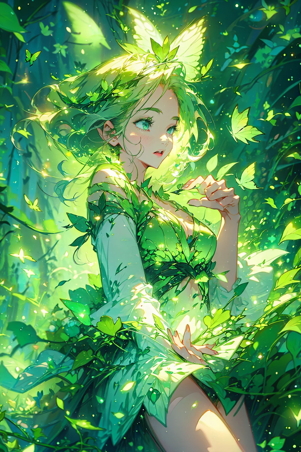 1girl,solo,cute,wizard,dress,bigbreast,cleavage,around leaf aura,perfect hands,perfect finger,explosionmagic, butterfly style,naturemagic