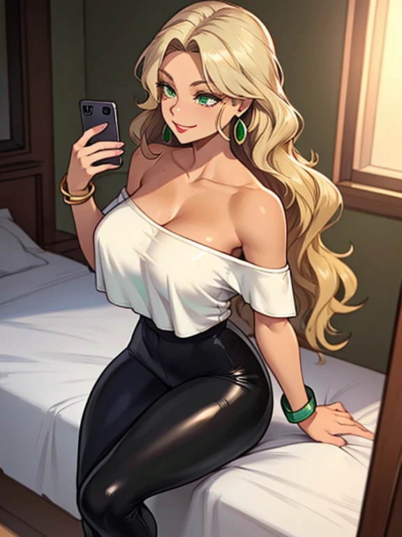 (4K quality), masterpiece, cinematic angle, (Best quality: 1.0), (Super High Resolution: 1.0), beautiful mature 36 year old woman, standing at approximately 5'1" tall, has long blonde hair, wavy hair, has tan-olive skin, light green eyes, has a beautiful smile, ((slim, petite)), her breasts are C-cup, (Is wearing a yellow off-shoulder top, glossy black leggings, emerald earrings, silver ring, silver bracelets and white Nike sneakers), is wearing pink makeup, is wearing red lipstick, she's holding a cell phone
