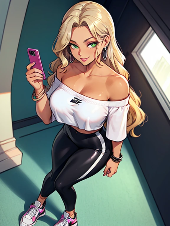 (4K quality), masterpiece, cinematic angle, (Best quality: 1.0), (Super High Resolution: 1.0), beautiful mature 36 year old woman, standing at approximately 5'1" tall, has long blonde hair, wavy hair, has tan-olive skin, light green eyes, has a beautiful smile, ((slim, petite)), her breasts are C-cup, ((Is wearing a yellow off-shoulder top, glossy black leggings, silver hooped earrings, silver wedding ring, silver bracelets and white Nike sneakers)), is wearing pink makeup, is wearing red lipstick, she's holding a cell phone
