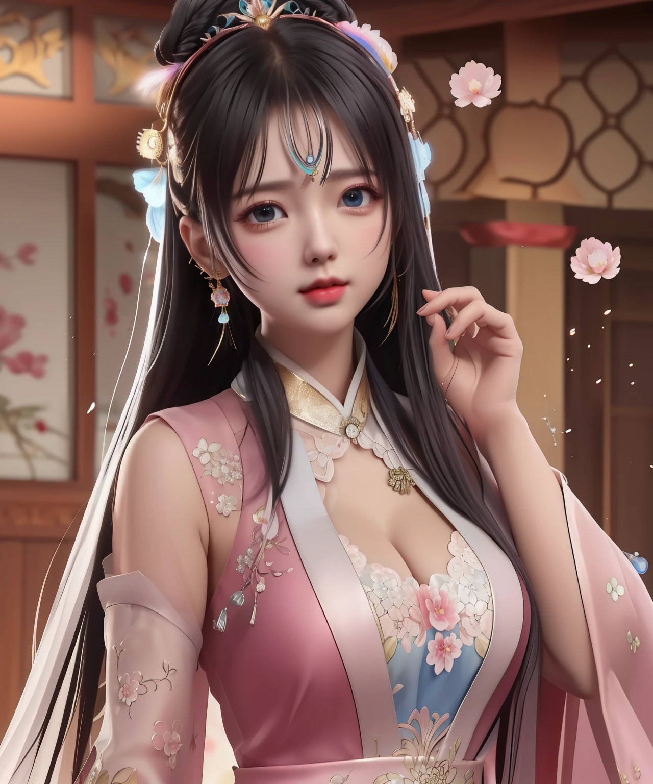 (8k, RAW photo:1.2), best quality, ultra high res,dramatic angle,(fluttered detailed color splashs), (illustration),(((1 girl))),(long hair),(rain:0.9), (Headdress:1.4),There is an ancient palace beside the girl,Hanfu,(Key Points),Color ink painting,(Splash of Color),Splash of Color,(((colorful))),(sketch:0.8) , Masterpiece, best quality, beautiful painted, highly detailed,(denoising:0.6),[splash ink],((ink refraction)), (beautiful detailed sky),moon,highly,detaild,(masterpiece, best quality, extremely detailed） CG Unity 8k Wallpaper，masterpiece，best quality，Ultra Detailed），（Lycoris）.shoulder ballet dress open V-chested clothes Thin silk lace dress short skirt , (huge ，cleavage),, white pink, blue ，best qualtiy，tmasterpiece，Ultra-high resolution，（Reality：1.4），RAW photogr，（True skin texture：1.3），（filmgrain：1.3），（Selfie angle），1个Giant Breast Girl，Beautiful eye and face details，tmasterpiece，Best quality at best，，The chest more exposed， detailed hair, bra pink , detail 8k, full body, lace pettico