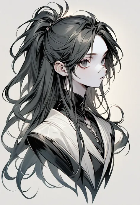 Androgynous Character bust, dark fantasy aesthetic, white pale skin, black eyes, hooked nose, black hair, long hair, straight cu...