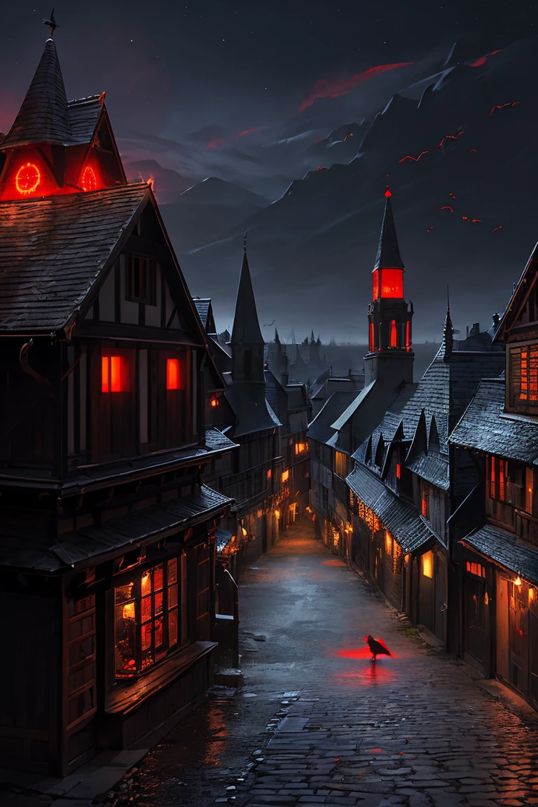 old European village shot with bird view, (Red glowing eyes), masterpiece, Depth of written boundary, Lutz, Gwaites style artwork, Gothic aesthetics, Dark Vampire village, ((in the dark gothic style cathle:1)), ((dark mid-night time:1.5)),