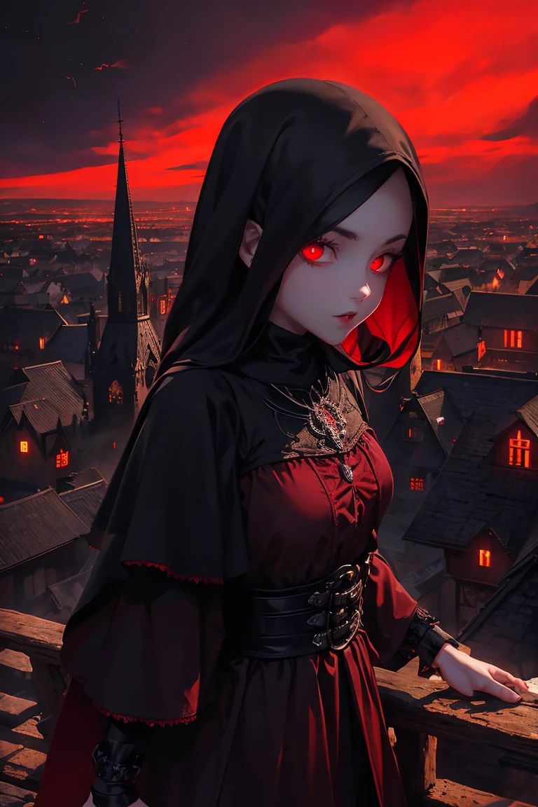 old European village shot with bird view, (Red glowing eyes), masterpiece, Depth of written boundary, Lutz, Gwaites style artwork, Gothic aesthetics, Dark Vampire village, ((in the dark gothic style cathle:1)), ((dark mid-night time:1.5)),