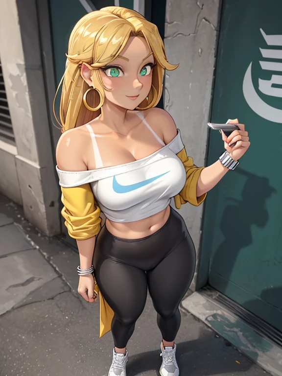 (4K quality), masterpiece, cinematic angle, (Best quality: 1.0), (Super High Resolution: 1.0), beautiful mature 36 year old woman, standing at approximately 5'1" tall, has neck-length hair, honey blonde hair, wavy hair, has tan-olive skin, light green eyes, has a beautiful smile, ((slim, petite)), her breasts are C-cup, ((Is wearing a yellow off-shoulder top, glossy black leggings, silver hooped earrings, silver wedding ring, silver bracelets and white Nike sneakers)), is wearing pink makeup, is wearing red lipstick, she's holding a cell phone, she's standing in the streets of Los Angeles
