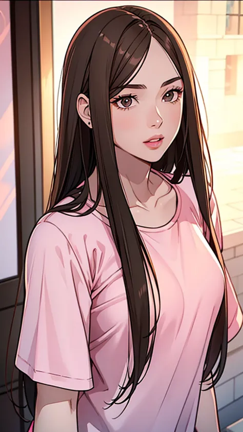 Girl, long straight brown hair, brown eyes, sharp features, white skin, bright pink lips, perfect, t-shirt, jacket