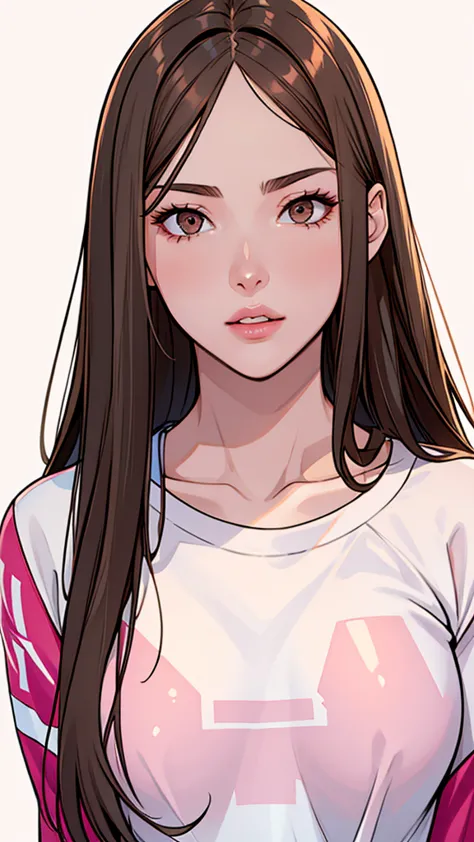 Girl, long straight brown hair, brown eyes, sharp features, white skin, bright pink lips, perfect, t-shirt, jacket