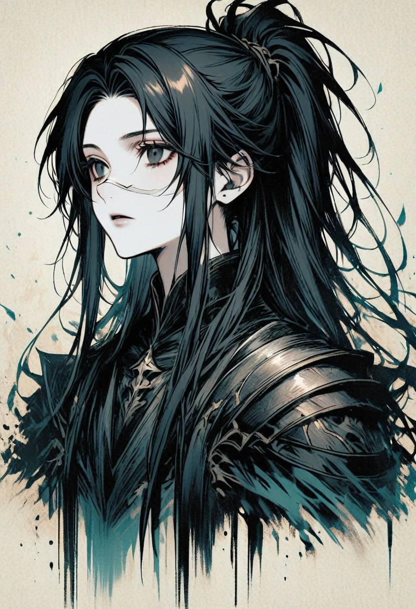 Androgynous Character bust, dark fantasy aesthetic, white pale skin, black eyes, hooked nose, black hair, long hair, straight curtained hair