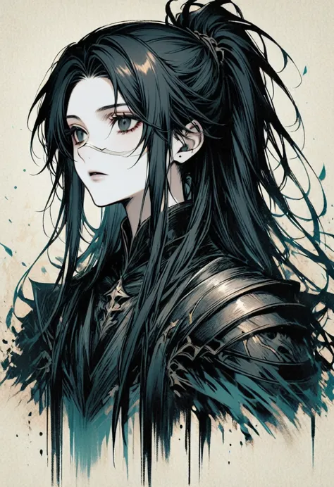 Androgynous Character bust, dark fantasy aesthetic, white pale skin, black eyes, hooked nose, black hair, long hair, straight cu...