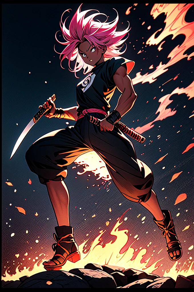 manga style, classical, art by akira toriyama, absurdres,1girl, gradient hair, pink hair, dark skinned,short Knight outfit,swinging a blazing fire katana,full body shot,detail medieval daungon backgroung 