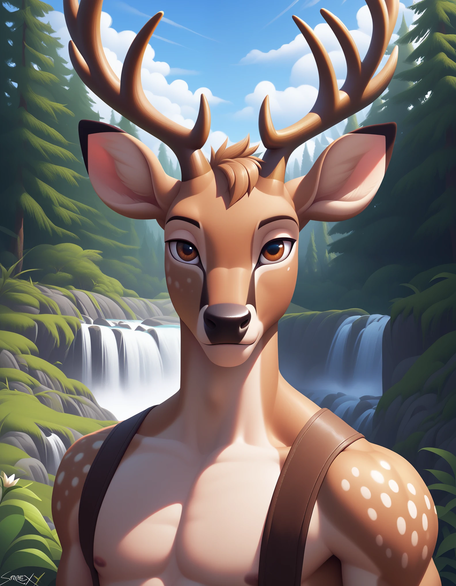 score_9, score_8_up, score_7_up, source_furry, rating_safe, by sigma_x, anthro, solo, male, deer, brown body, brown eyes,white body, Humanoid, Forest, sky,