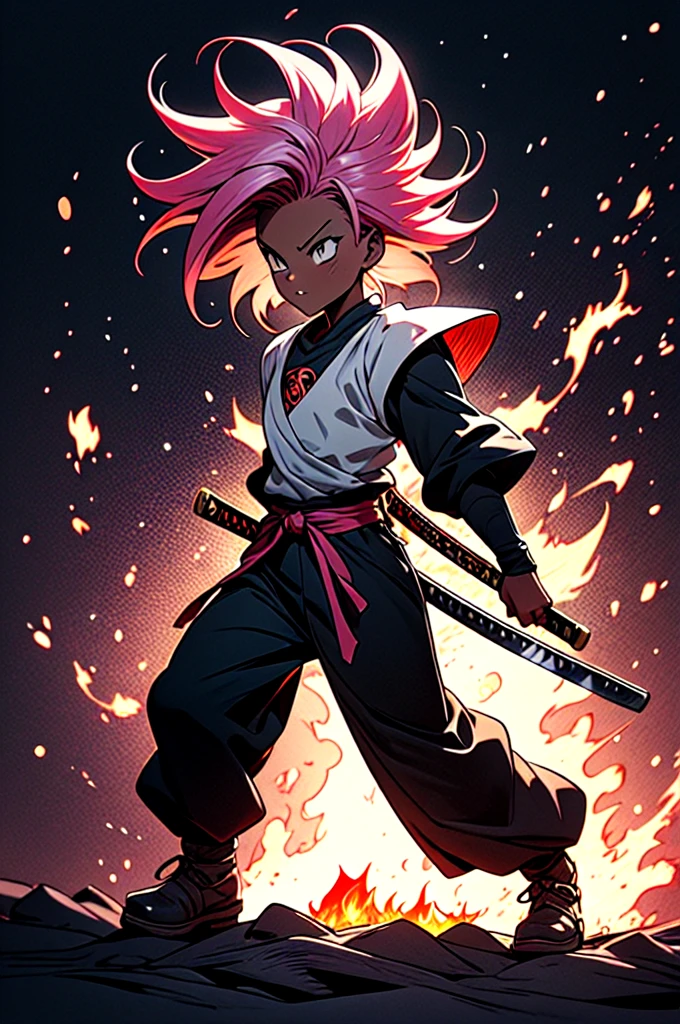 manga style, classical, art by akira toriyama, absurdres,1girl, gradient hair, pink hair, dark skinned,short Knight outfit,swinging a blazing fire katana,full body shot,detail medieval daungon backgroung 