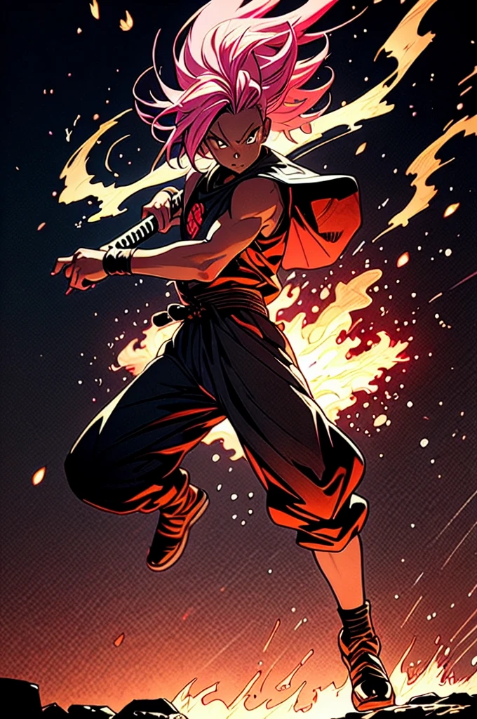 manga style, classical, art by akira toriyama, absurdres,1girl, gradient hair, pink hair, dark skinned,short Knight outfit,swinging a blazing fire katana,full body shot,detail medieval daungon backgroung 