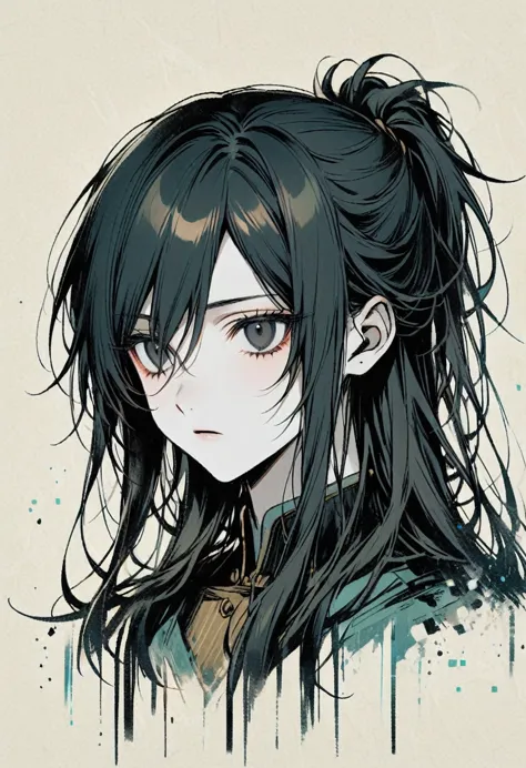 Androgynous Character bust, white pale skin, black eyes, hooked nose, black hair, long hair, straight curtained hair, loose hair