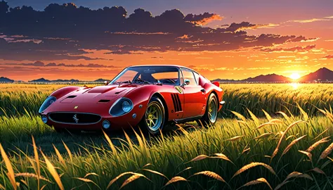 Ferrari 250GTO、Anime scenery of a girl sitting in tall grass with a sunset in the background.Beautiful anime scene, Beautiful an...