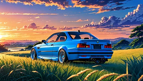 A classic BMW M3 E36 sports car in ABS blue、Anime scenery of a girl sitting in tall grass with a sunset in the background.Beauti...